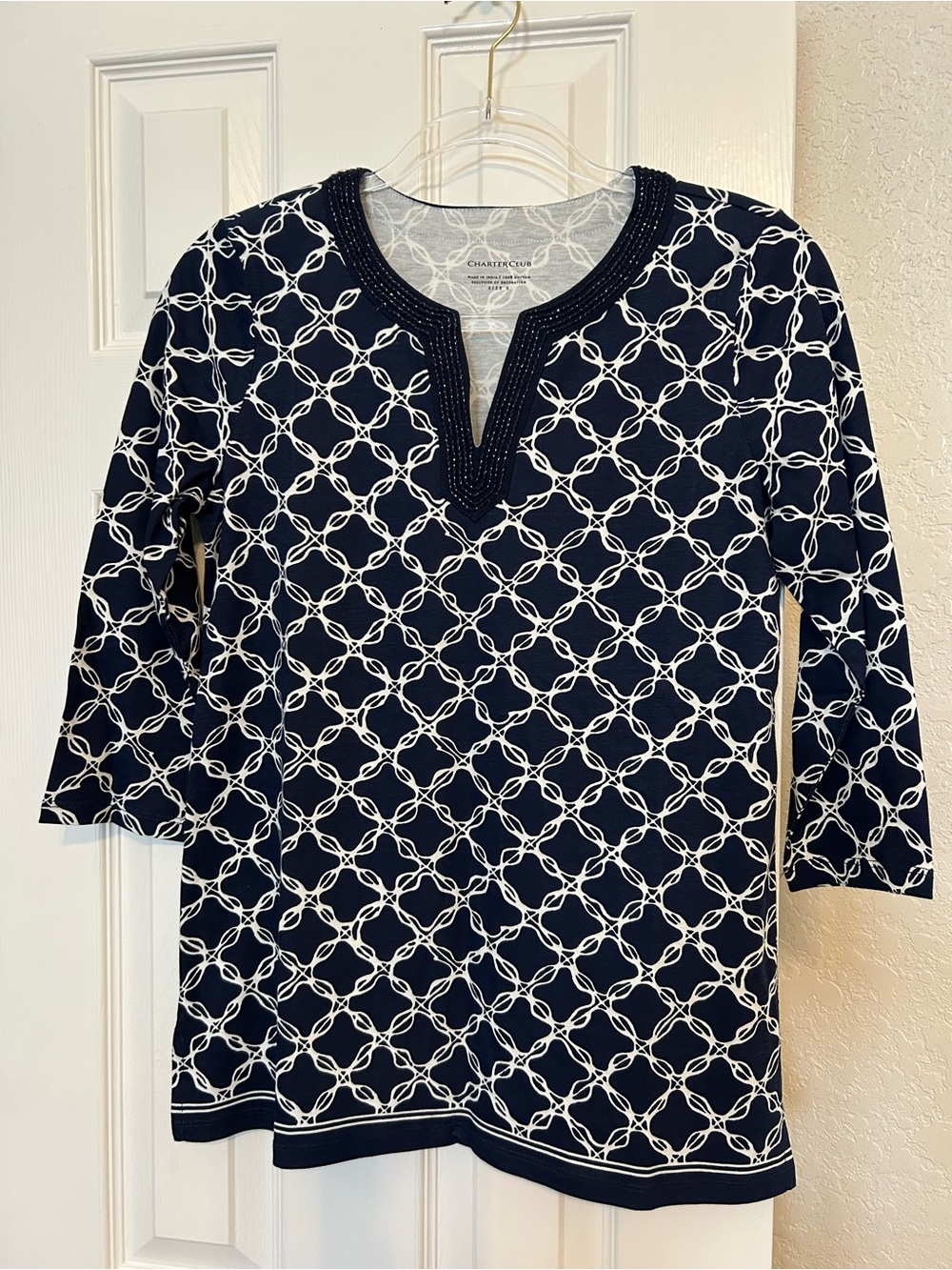 Charter Club Navy & White Geometric Split V Tunic
